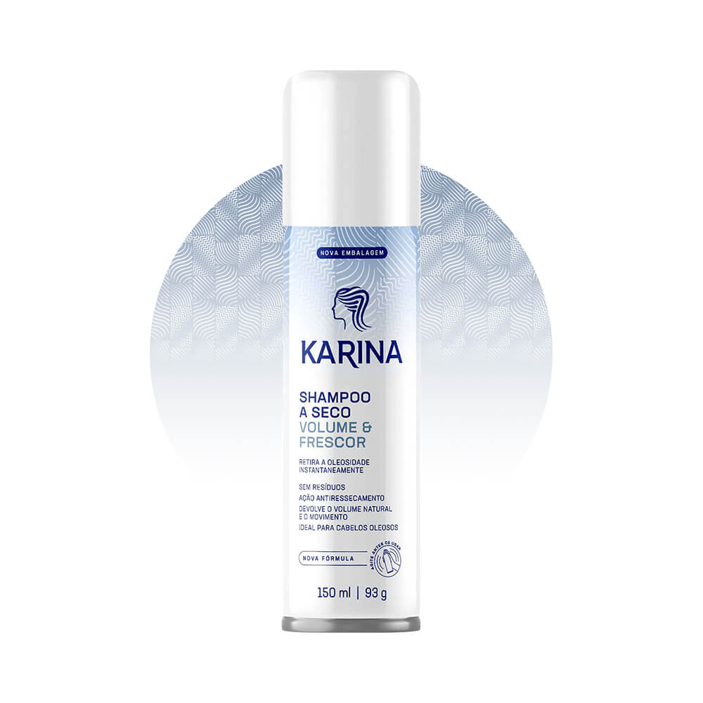 Shampoo a Seco Karina Seco Volume e Frescor 150ml em embalagem spray com fundo azul texturizado